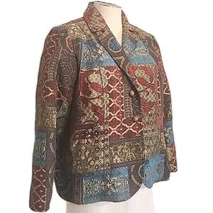 VTG 1X Tapestry Womens Blazer Patchwork Jacket BURGUNDY ART to‎ WEAR Kilim XL 48